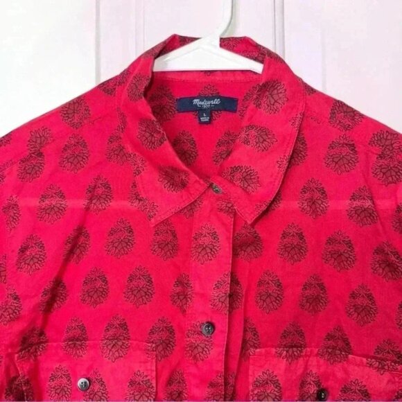 Madewell Long Sleeve Button-Up Shirt Red Black Woman’s Sz L Style A6057 Cotton - Picture 2 of 6